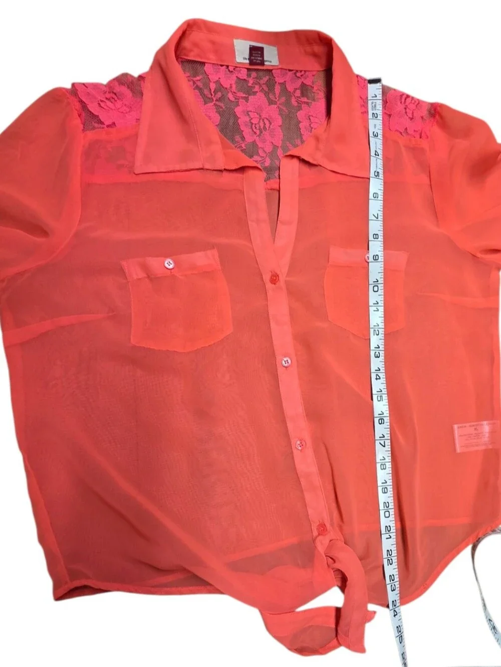 Hot Orange Sheer Lace Bottom Tie Top XL